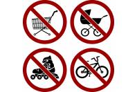 Табличка "Коляски, тележки, ролики, велосипеды запрещены"